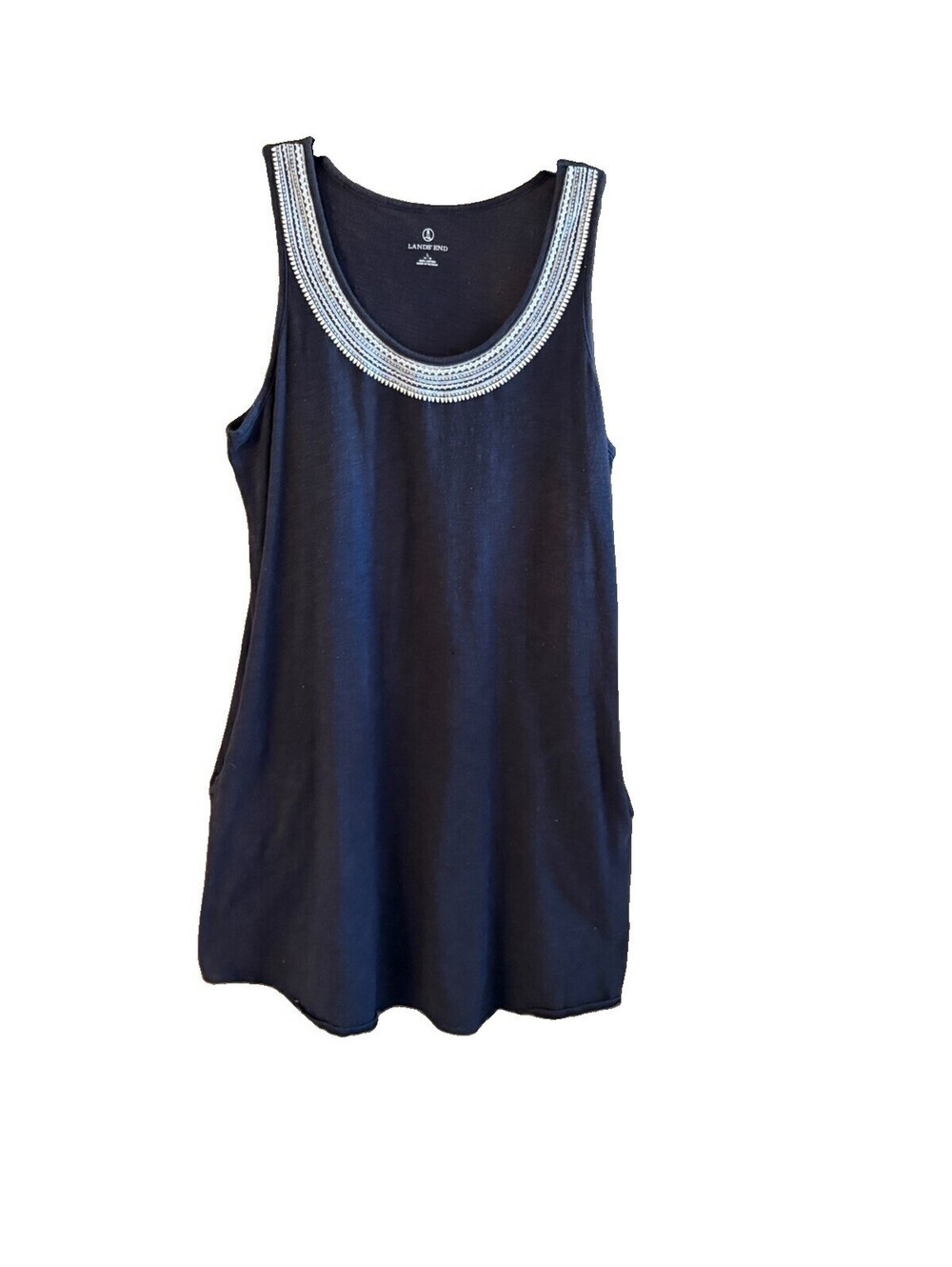 Land’s End Black Casual Dress Cotton Embroidered Scoop Neck Sleeveless Pockets